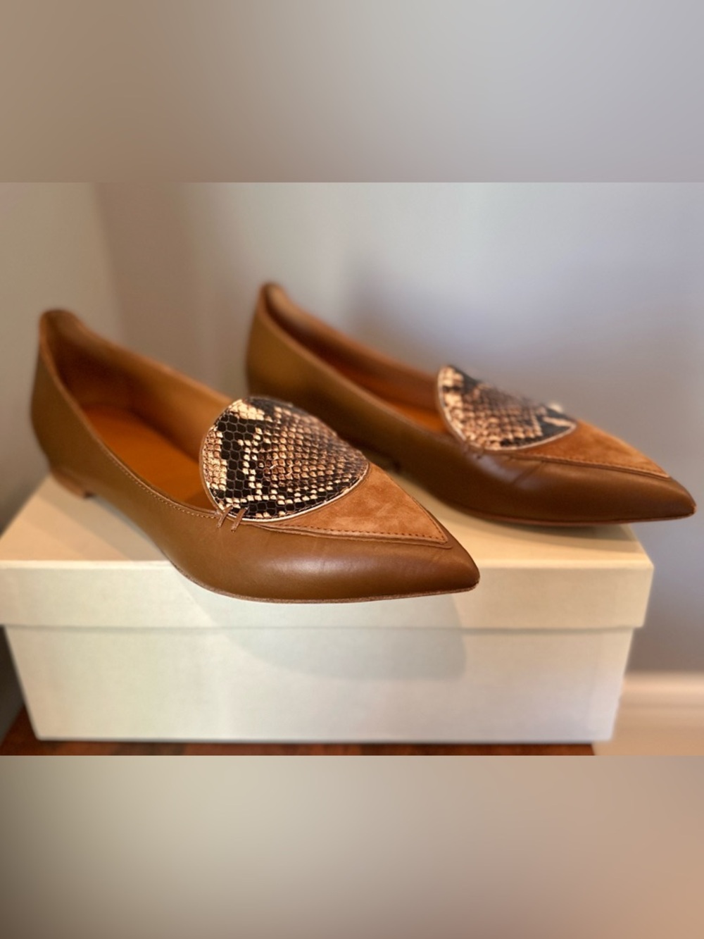 Pointed Toe Brown Leather Loafer with Snake-Print Accent